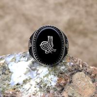 Osmanlı Tuğralı Siyah Oniks Taşlı Gümüş Erkek Yüzük