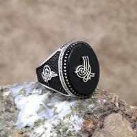 Osmanlı Tuğralı Siyah Oniks Taşlı Gümüş Erkek Yüzük